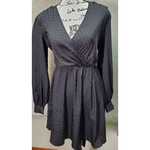Express Mini Dress Women's Small Black Draped Hem Wrap V‎ Neck Back Drawstring - Picture 1 of 7